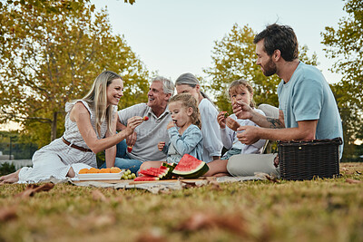 Buy stock photo Watermelon, love or big family in nature on a picnic eating healthy fruit or food on summer holiday vacation in Berlin. Grandparents, mother and happy father enjoy bonding or relaxing with children