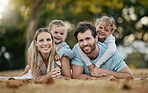 Family, park and portrait of parents with kids enjoying summer holiday, weekend and quality time outdoors. Love, nature and happy mother, father and children smiling, bonding and relax together