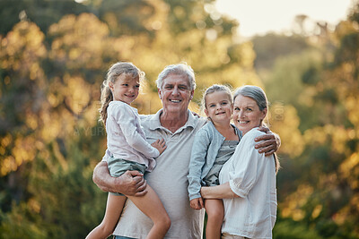 Buy stock photo Grandparents, kids and smile at outdoor, park or backyard for bonding, love and care in nature. Senior couple, girl children and happiness together for vacation, portrait and sunshine in Los Angeles