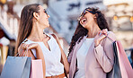 Shopping, happy and women with bags in the city together for a luxury sale, discount or promotion. Happiness, rich and fancy girl friends on shopping spree for fashion, boutique and expensive clothes