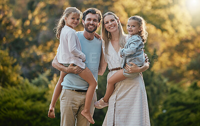 Buy stock photo Family, park and portrait of parents with kids enjoying summer holiday, weekend and quality time outdoors. Love, nature and happy mother, father and children smiling, bonding and relax together