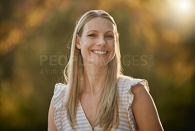 Buy stock photo Face portrait, smile and happy woman on vacation, holiday or trip outdoors. Relax, freedom and smiling female from Canada on break, having fun or enjoying quality time alone in nature, park or garden
