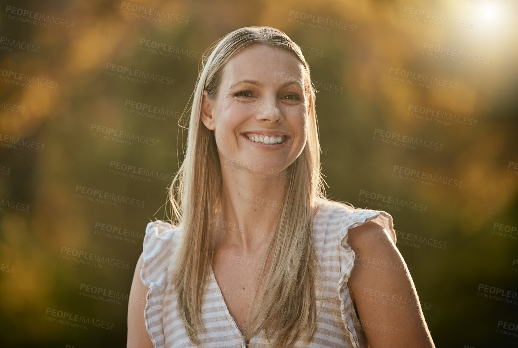 Buy stock photo Face portrait, smile and happy woman on vacation, holiday or trip outdoors. Relax, freedom and smiling female from Canada on break, having fun or enjoying quality time alone in nature, park or garden