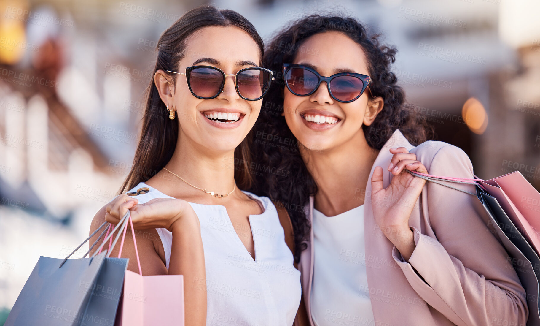 Buy stock photo Happy, shopping bag or friends with luxury fashion in a city for clothing products on sale deals or discount offers. Paris, smile or excited women walking on a fun girls trip on holiday vacation