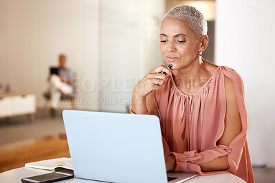 Buy stock photo Thinking, laptop and senior woman in the office planning corporate project with research on the internet. Thoughtful, professional and elderly female employee working on company report with computer.
