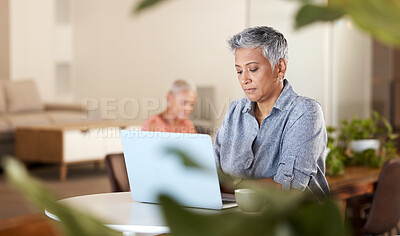 Buy stock photo Office, coffee and mature woman with laptop typing idea for creative startup business or report at desk. Senior freelance worker, designer or writer, thinking and working on ideas in modern office