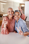 Senior women, bonding or peace sign in house or home living room for social media, profile picture or cool memory capture. Portrait, happy smile or retirement elderly friends and emoji hands gesture