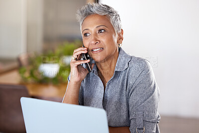 Buy stock photo Phone call, laptop or senior manager networking, talking or speaking of our vision, goals or company mission. Communication, boss or mature business woman in conversation or discussion in office room