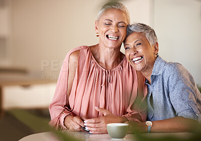 Buy stock photo Cafe, friends and senior women laughing at funny story, joke or comedy. Friendship, comic and elderly, retired and happy females smiling, having fun and enjoying bonding time together in coffee shop.