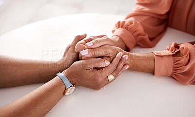 Buy stock photo Hands, women and holding closeup in support of comfort, empathy and unity in crisis, cancer or bad news. Hand, zoom and friends holding hands for hope, trust and prayer for girl suffering depression