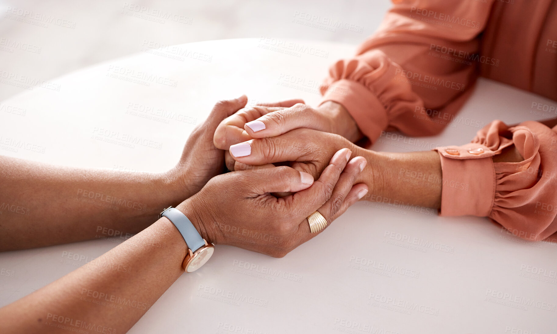 Buy stock photo Hands, women and holding closeup in support of comfort, empathy and unity in crisis, cancer or bad news. Hand, zoom and friends holding hands for hope, trust and prayer for girl suffering depression