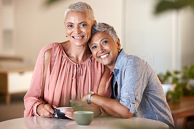 Buy stock photo Friends, coffee and portrait of senior women enjoying quality time, relaxing and bonding together in cafe. Drinking coffee, happiness and females hugging, embrace and smile in coffee shop on weekend