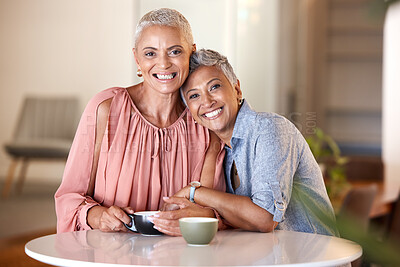 Buy stock photo Senior women, hug and friends at cafe, having fun and bonding. Portrait, love and retired, happy and elderly females  in coffee shop, smiling and embrace, cuddle or hugging and enjoying time together