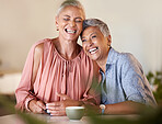 Senior women, laughing and bonding with coffee in restaurant, Brazilian cafe or relax coffee shop with funny joke, gossip news or comic meme. Smile, happy and retirement elderly friends with tea cup
