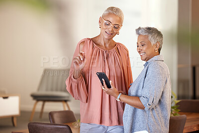 Buy stock photo Senior women, phone and friends in home on social media, internet browsing or texting. Tech, cellphone and retired, elderly and happy females web scrolling with mobile smartphone together in house.