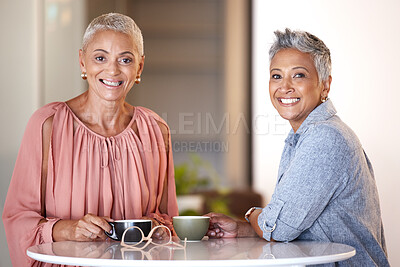Buy stock photo Portrait, friends and senior women with coffee, bonding and retirement. Mature ladies, females and cafe for tea, smile and loving together for reunion, chatting and conversation with gossip and relax