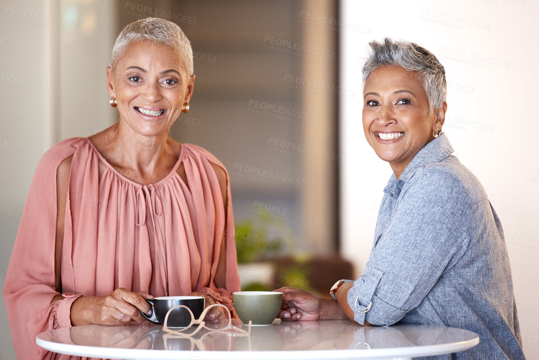 Buy stock photo Portrait, friends and senior women with coffee, bonding and retirement. Mature ladies, females and cafe for tea, smile and loving together for reunion, chatting and conversation with gossip and relax