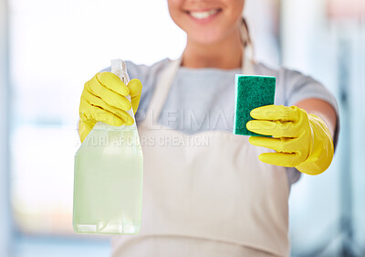 Buy stock photo Woman, hands or spray bottle with sponge for cleaning, hygiene maintenance or healthcare wellness in house, home or office building. Zoom, maid or cleaner service worker with bacteria product