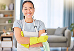 Cleaning, housekeeping and portrait of Asian woman with detergents for spring cleaning dust, dirt and disinfection. Housework, cleaning service and happy female with spray bottle of cleaning products