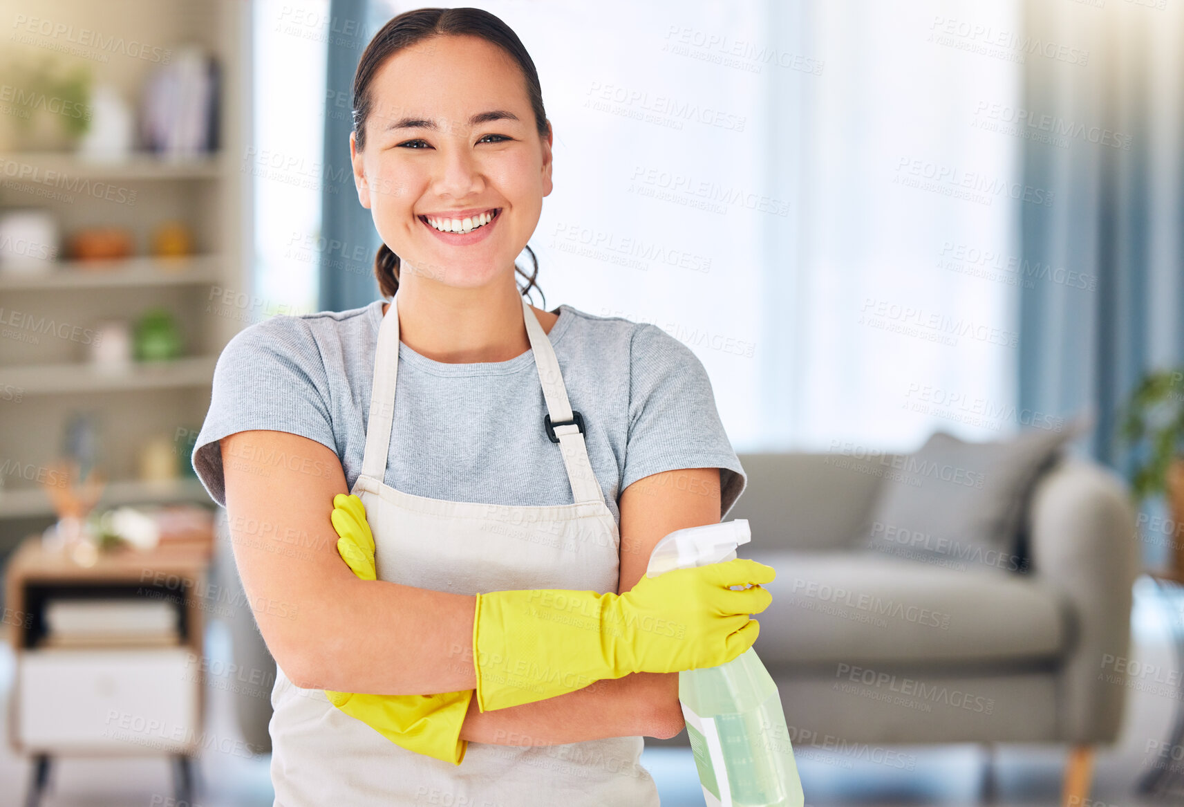 Buy stock photo Cleaning, housekeeping and portrait of Asian woman with detergents for spring cleaning dust, dirt and disinfection. Housework, cleaning service and happy female with spray bottle of cleaning products