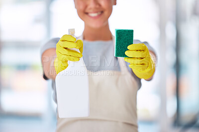 Buy stock photo Woman, hands or spray bottle with sponge for spring cleaning, hygiene maintenance or healthcare wellness in house, home or office building. Zoom, maid or cleaner service worker with bacteria product