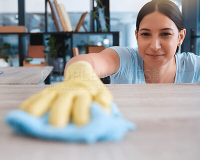 Buy stock photo Happy, fabric and woman cleaning table furniture for hygiene, sanitary and housekeeping service. Germs, bacteria and dust with girl cleaner wipe wooden surface for disinfection, safety and domestic