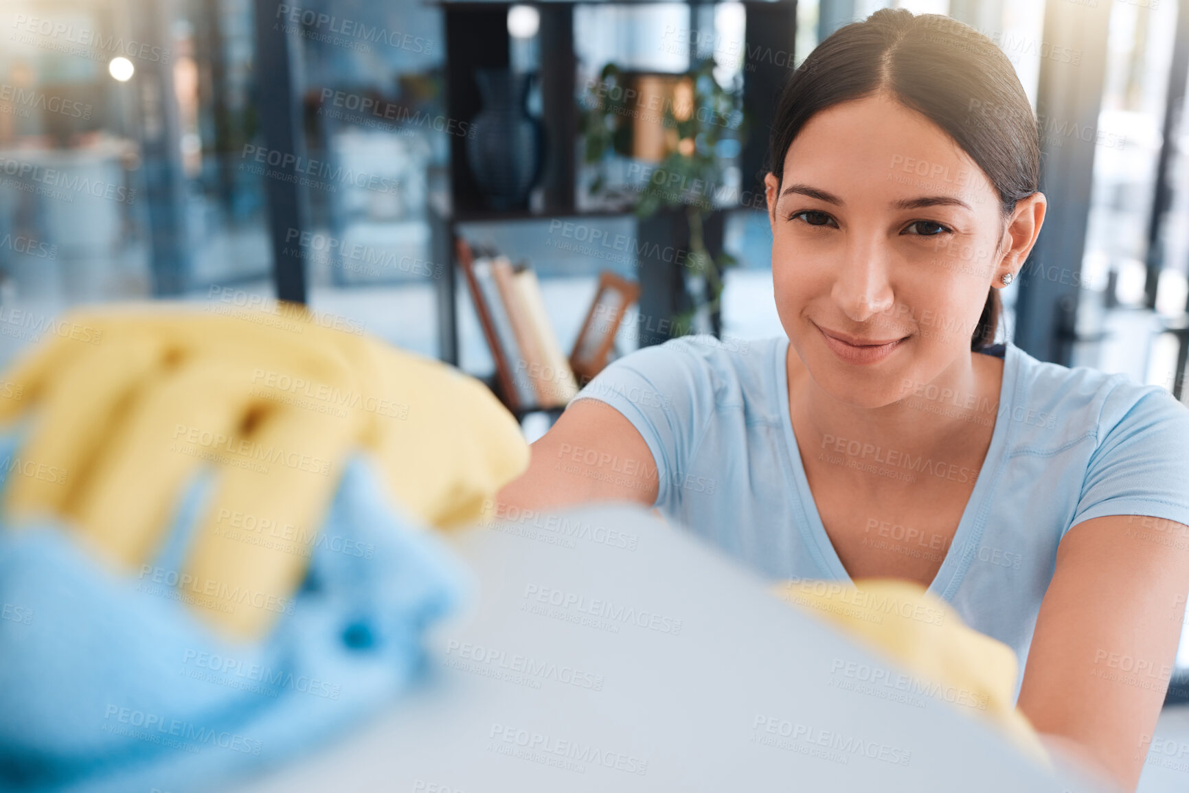 Buy stock photo Hand, woman and table cleaning for hygiene, housework and household cleansing in an apartment. Hands, girl and clean product for dust, dirt and germs, bacteria and illness prevention on surface