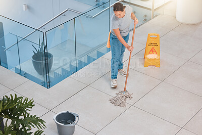 Buy stock photo Cleaning service, office building or woman mopping floor with warning sign for job safety compliance. Bucket, bacteria or girl cleaner working on wet floor for dirty, messy or dusty tiles on ground