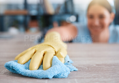 Buy stock photo Hand, woman and table cleaning for hygiene, housework and household cleansing in an apartment. Hands, girl and clean product for dust, dirt and germs, bacteria and illness prevention on surface