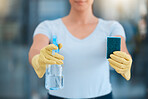 Cleaner hands, spray and sponge for cleaning in office for business safety, healthcare and clean bacteria or dust. Cleaning products, maintenance and maid cleaning service with disinfection chemicals