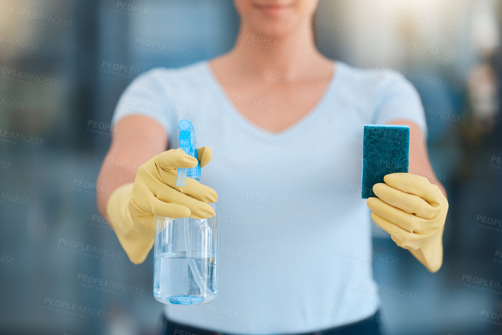 Buy stock photo Cleaner hands, spray and sponge for cleaning in office for business safety, healthcare and clean bacteria or dust. Cleaning products, maintenance and maid cleaning service with disinfection chemicals