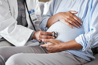 Buy stock photo Pregnant, mother stomach and doctor with stethoscope, healthcare and checkup. Pregnancy, female and mama with medical professional, equipment for tummy and appointment for wellness and consulting.