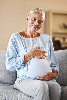 Buy stock photo Pregnant mature woman, smile and relax on sofa in living room for infant health, ivf care and new mother support. Childcare, baby wellness and pregnancy love, happiness and hands on stomach on couch