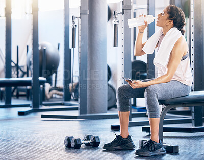 Buy stock photo Fitness, gym and woman drinking water after workout for hydration, health and wellness training. Sports, athlete and lady enjoying aqua drink while taking rest during intense exercise in sport center