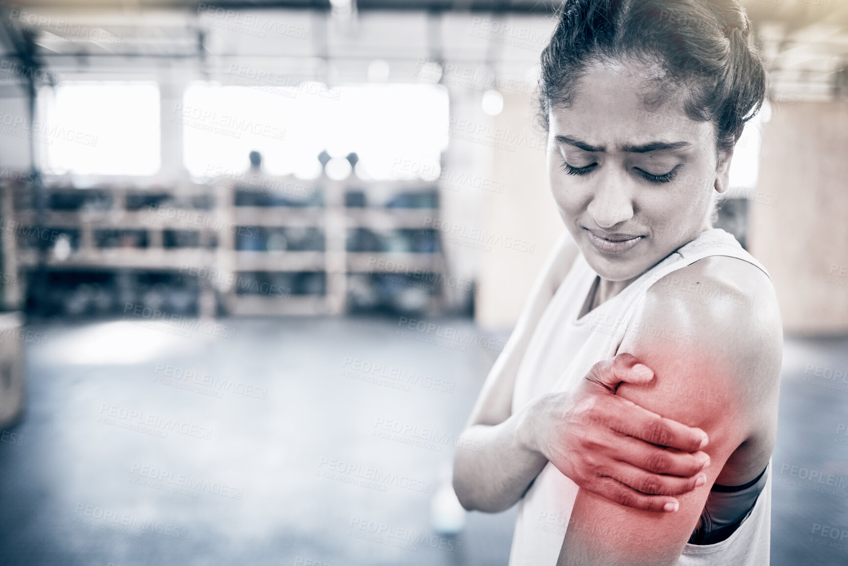 Buy stock photo Woman, fitness and shoulder pain in gym for exercise workout, training accident and sports medical emergency. Sad athlete, arm injury and physical therapy, arthritis or muscle wellness in health club