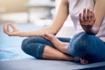 Buy stock photo Yoga, zen and woman doing a meditation exercise in gym with lotus pose for calm, peace and balance. Mindfulness, energy and girl doing pilates workout for mind, body and spiritual health and wellness