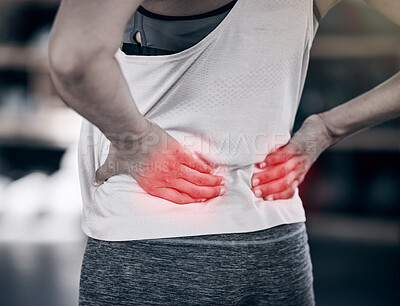 Buy stock photo Hands, back pain and overlay with a sports woman holding her muscle while suffering from cramp or injury. Fitness, exercise and red highlight with a female athlete struggling with an injured spine