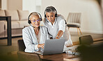 Laptop, consulting and woman help mentor while doing presentation in a virtual meeting, documents and strategy. Team, virtual and business woman coaching online seminar while training her assistant