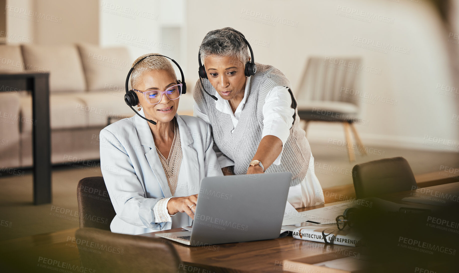 Buy stock photo Laptop, consulting and woman help mentor while doing presentation in a virtual meeting, documents and strategy. Team, virtual and businesswoman coaching online seminar while training her assistant