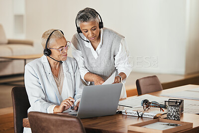 Buy stock photo Laptop, consulting and woman help mentor while doing presentation in a virtual meeting, documents and strategy. Team, virtual and businesswoman coaching online seminar while training her assistant