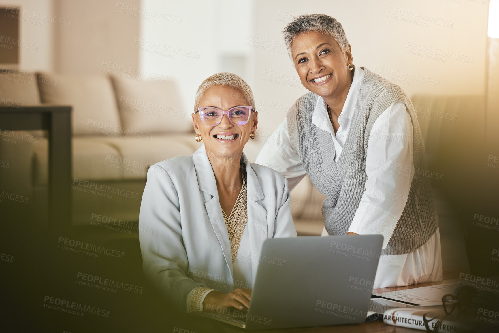 Buy stock photo Senior business women, laptop and happy portrait planning strategy, company schedule or working on project report together. Mature employees, teamwork collaboration and professional managers on tech