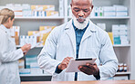 Tablet, pharmacist and senior man in pharmacy for healthcare research. Technology, wellness and elderly black man and medical professional with touchscreen for medicine prescription and telehealth.