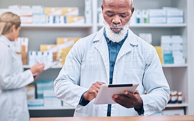 Buy stock photo Tablet, pharmacist and senior man in pharmacy for healthcare research. Technology, wellness and elderly black man and medical professional with touchscreen for medicine prescription and telehealth.