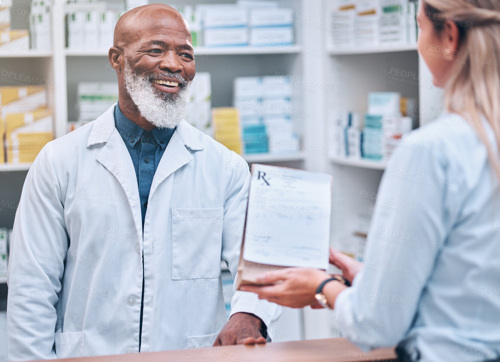 Buy stock photo Pharmacist, medicine and help for woman customer at the counter for pills, help and information on prescription treatment. Pharmacy, consulting and questions from healthcare worker, advice and trust