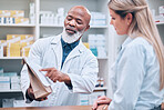 Pharmacist, medicine and help for woman customer at the counter for pills, help and information on treatment. Pharmacy, consulting and girl asking questions from healthcare worker, advice and trust