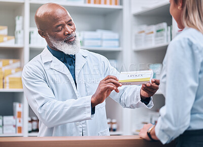 Buy stock photo Consulting, medicine and pharmacy with black man and customer for healthcare, help or prescription. Shopping, retail and pills with pharmacist and patient for medical, wellness or medication checkout