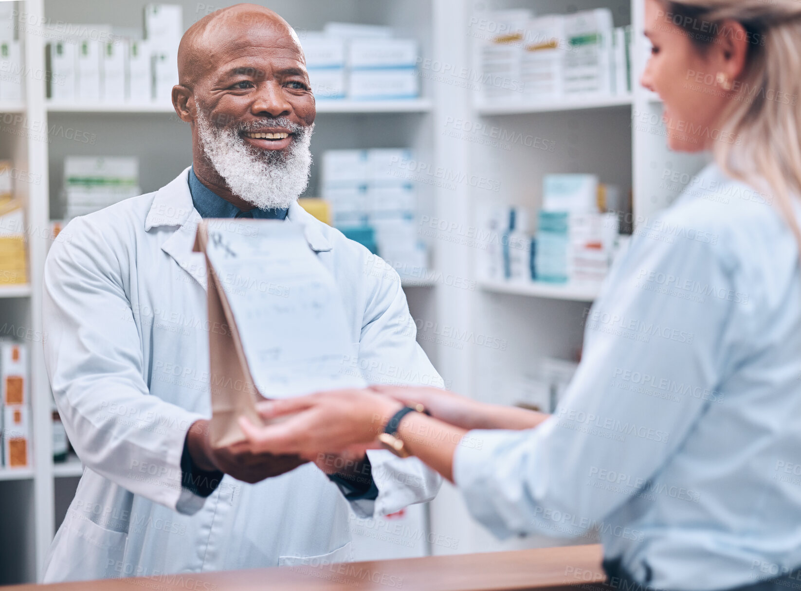 Buy stock photo Consulting, medicine and pharmacy with black man and customer for healthcare, help or prescription. Shopping, retail and pills with pharmacist and patient for medical, wellness or medication checkout