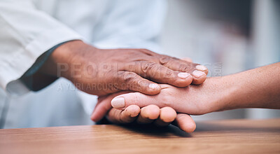 Buy stock photo Hospital, support or doctor holding hands with patient and consulting with medical feedback, news or results. Cancer, zoom or healthcare worker showing empathy, trust or respect to help a sick person