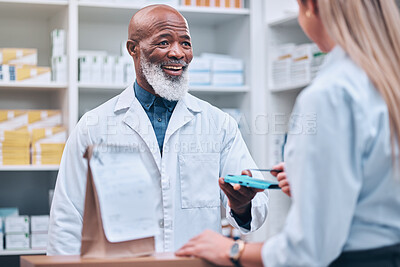 Buy stock photo Pharmacist, customer or credit card machine in medicine retail purchase, healthcare wellness treatment or prescription pills buy. Happy smile, mature pharmacy worker and woman or electronic pay nfc