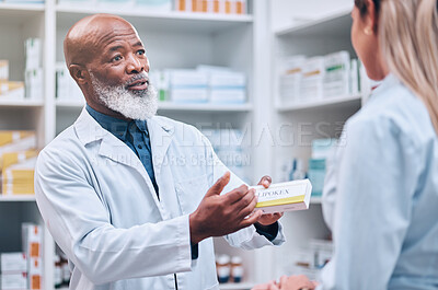 Healthcare, pharmacist and man at counter, medicine, prescription drugs and happy service at drug store. Health, wellness and medical insurance, black man and woman at pharmacy for advice and pills.